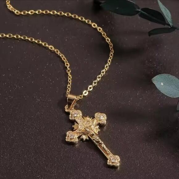 Gold Christian Cross Necklace Crucifix Jesus Lab Diamonds Valentines Birthday - Picture 2 of 3